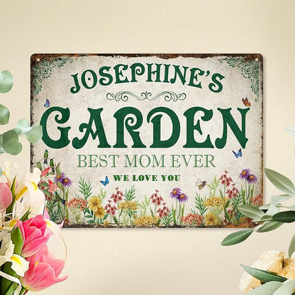 Custom Garden Signs Personalized Metal Tin Sign for Women, Retro Hummingbird Metal Sign for Outdoor, Patio, Yard Home Decor Gift for Mothers Day, Grandmas, and Gardening Lovers (For MOM 03)