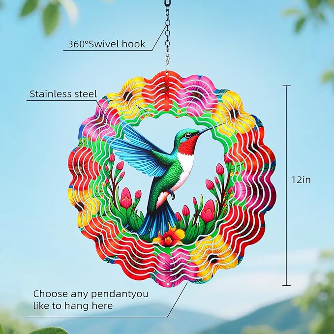 Wind Spinners Outdoor,Hanging 3D Hummingbird Garden Wind Spinner for Outdoor Silhouette Decorations,Gifts for Women Men Metal Wind Kinetic Sculpture for Decor Garden,Yard Art,Patio,Porch,Balcony