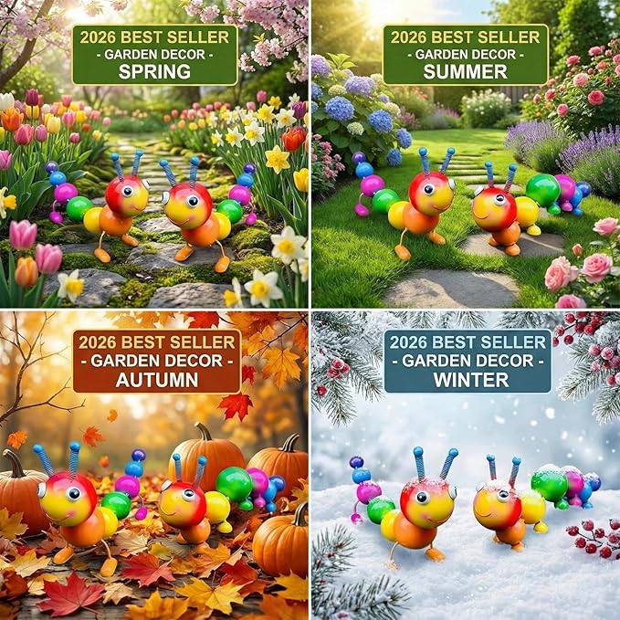 2 PackCute Caterpillar Metal Garden Statues Outdoor Art, Colorful Insect Lawn Ornaments for Backyard Patio Decorations, Funny Animal Yard Decor Gifts for Women Mom