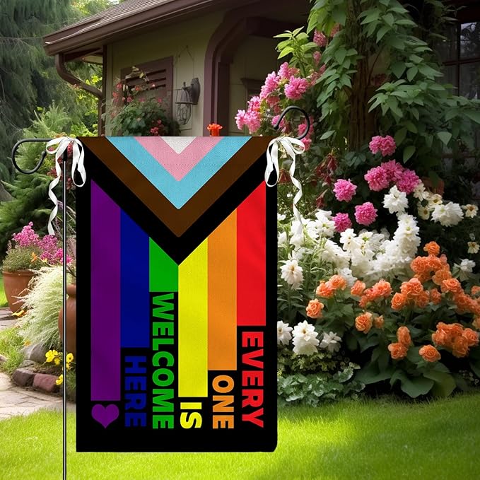 Progress Pride Rainbow Garden Flag Every One Is Welcome Here Yard Flag LGBTQ Gay Lesbian Bisexual Non Binary Transgender House Flag All Inlcusive Vivid Color Garden Flags 12x18 Inch