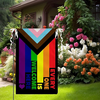 Progress Pride Rainbow Garden Flag Every One Is Welcome Here Yard Flag LGBTQ Gay Lesbian Bisexual Non Binary Transgender House Flag All Inlcusive Vivid Color Garden Flags 12x18 Inch