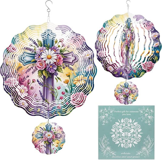 Wind Spinner Hanging Outdoor Decor, 12 Inch 3D Spring Floral Cross Metal Kinetic Wind Spinners for Garden Yard Patio, Stainless Steel Laser Cut Art Christian Gifts for Women Easter Decorations