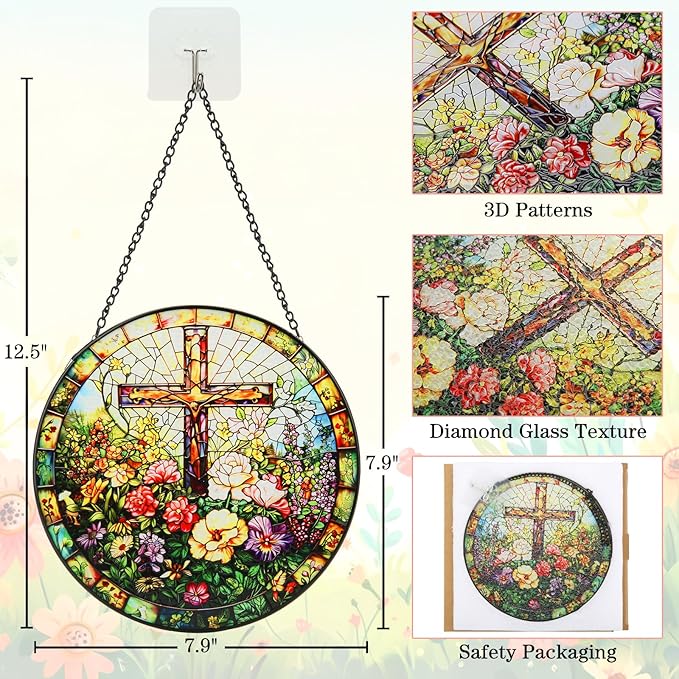 Stained Glass Window Hanging, 8inch Stained Glass Cross Suncatcher Christian Decor for Home Kitchen Office Garden Birthday Mother's Day Easter Religious Gifts for Women Grandma Grandparents