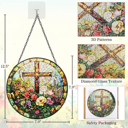 Stained Glass Window Hanging, 8inch Stained Glass Cross Suncatcher Christian Decor for Home Kitchen Office Garden Birthday Mother's Day Easter Religious Gifts for Women Grandma Grandparents