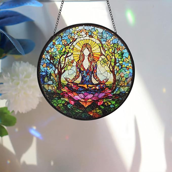 Bimkole Relaxing Woman Stained Glass Suncatcher Window Hanging - Yoga Design for Indoor Window or Doorway Decoration - 7.87x7.87 inch with Chain and Hook - Unique Home Decor Gift