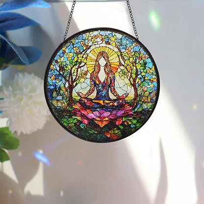 Bimkole Relaxing Woman Stained Glass Suncatcher Window Hanging - Yoga Design for Indoor Window or Doorway Decoration - 7.87x7.87 inch with Chain and Hook - Unique Home Decor Gift