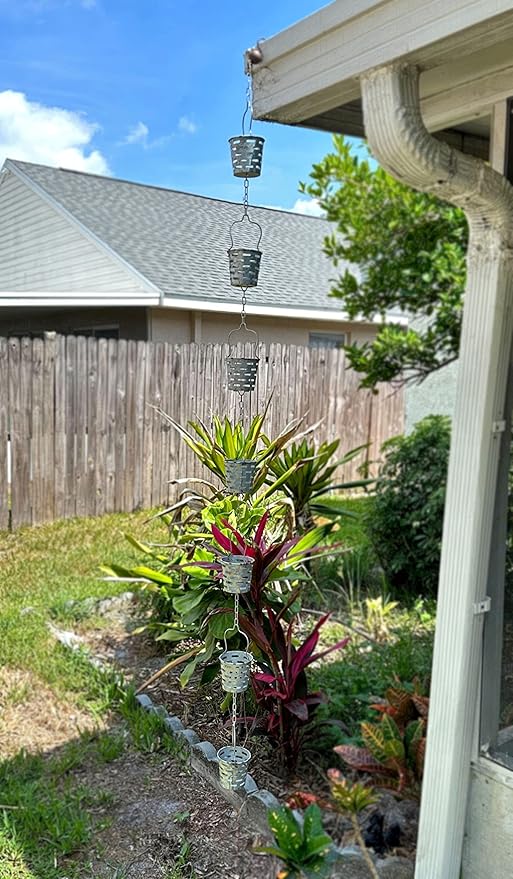 Zeckos Galvanized Grey Metal Olive Bucket Pail Style Rain Chain Gutter Downspout Accent, 74 Inches Long - Easy Install - Adding Rustic Charm to Your Outdoor Décor