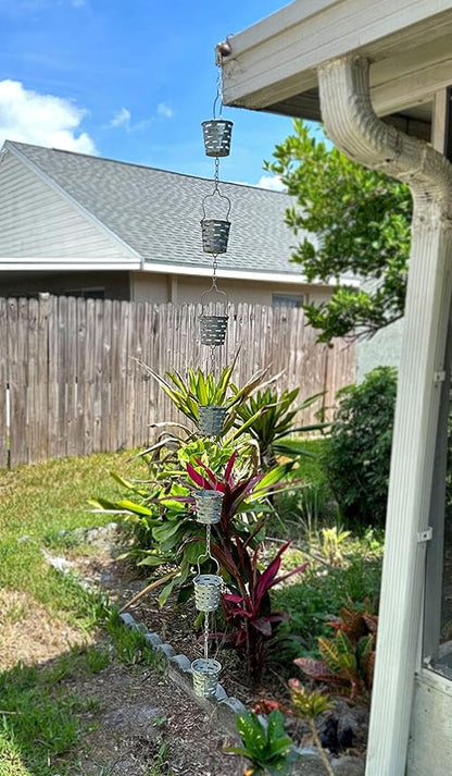 Zeckos Galvanized Grey Metal Olive Bucket Pail Style Rain Chain Gutter Downspout Accent, 74 Inches Long - Easy Install - Adding Rustic Charm to Your Outdoor Décor