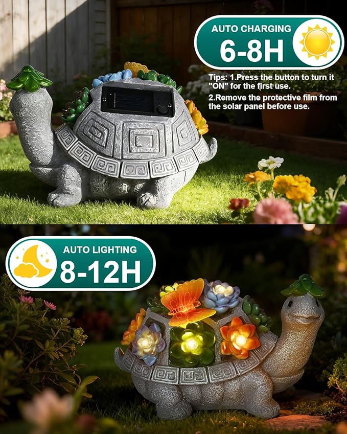 7 Inch Solar Turtle Garden Statue with Butterfly, Succulent & LED Lights, Lawn Ornament for Yard Patio Porch Balcony, Outdoor Decor Figurine - Gifts for Mom Grandma Women