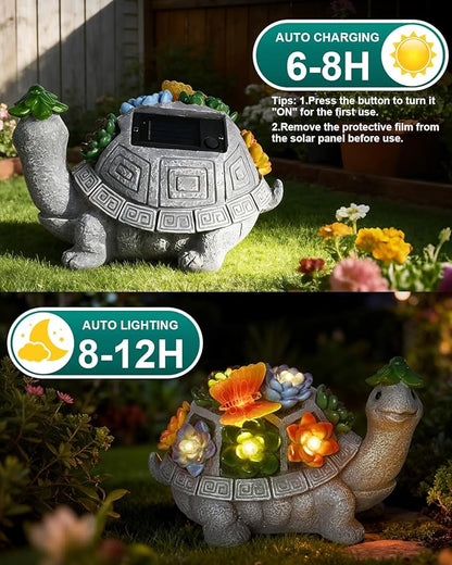 7 Inch Solar Turtle Garden Statue with Butterfly, Succulent & LED Lights, Lawn Ornament for Yard Patio Porch Balcony, Outdoor Decor Figurine - Gifts for Mom Grandma Women