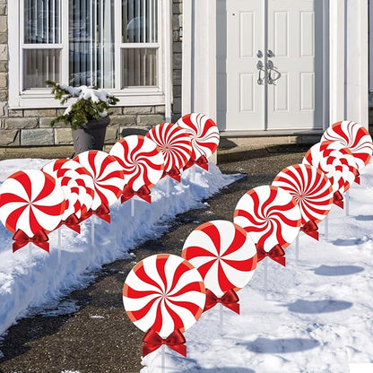 Glenmal 12 Pcs Christmas Outdoor Yard Signs Peppermint Corrugated Yard Decorations with Stakes and Bow Xmas Decorations Garden Sign Waterproof Cardboard Lawn Signs for Pathway Walkway (Peppermint)