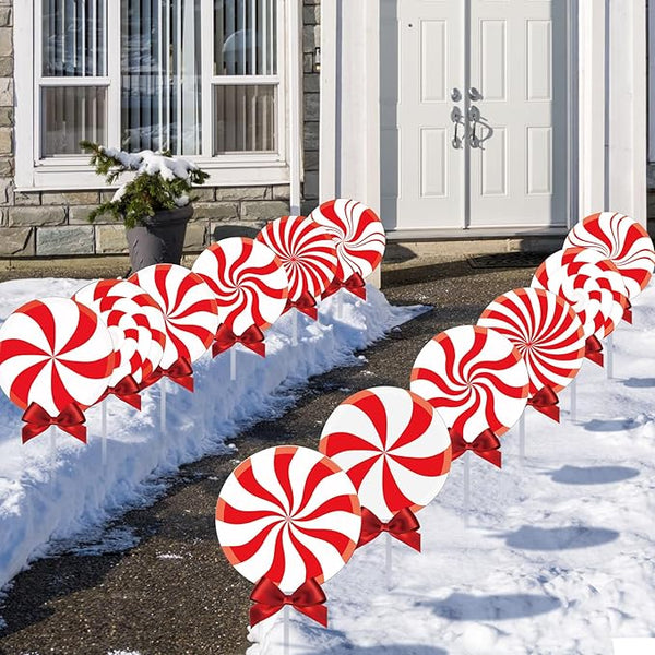 Glenmal 12 Pcs Christmas Outdoor Yard Signs Peppermint Corrugated Yard Decorations with Stakes and Bow Xmas Decorations Garden Sign Waterproof Cardboard Lawn Signs for Pathway Walkway (Peppermint)