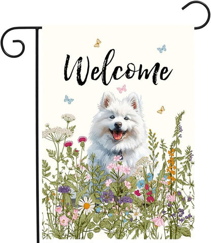 Floral Samoyed Garden Flag Spring Summer Yard Flag Flower Dog Garden Flags for Outside Small Outdoor Welcome Flags 12x18 Double Sided