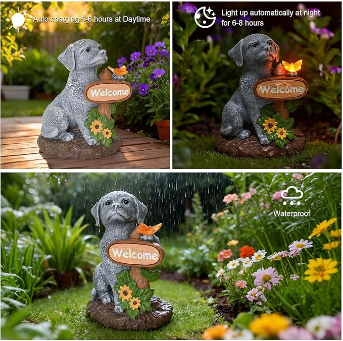Dog Statue with Solar Butterfly Light, Decor Outdoor Yard Decoration, Statue for Home Garden Patio Balcony Lawn Ornaments, Birthday Dog Lovers Gifts for Women, Mom, Grandma