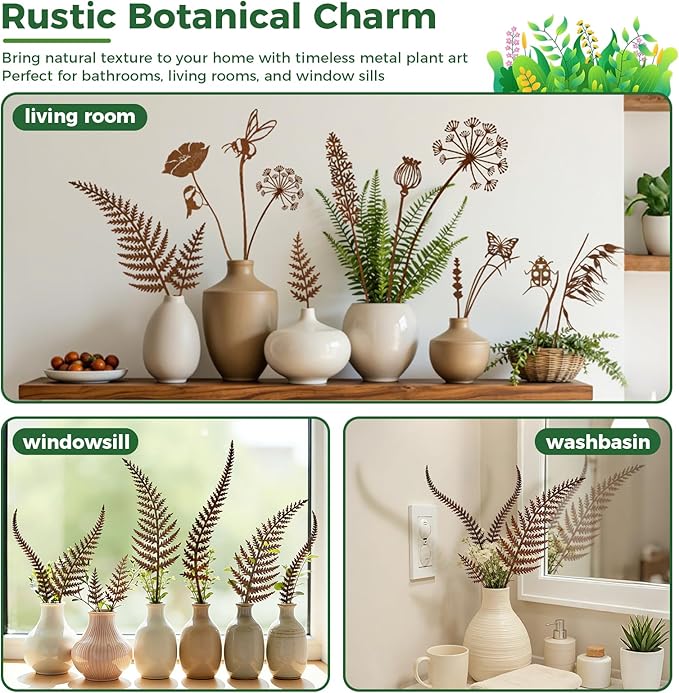 6-Pack Metal Flower Decorative Garden Stakes, Rustic Fern Plant Picks, Handmade Metal Outdoor Garden Decor for Flower Beds, Fairy Gardens, Yard Art&Potted Plants Gift-Boxed Indoor&Outdoor Decor