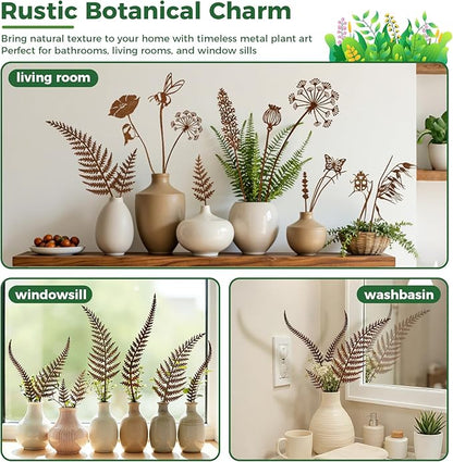 6-Pack Metal Flower Decorative Garden Stakes, Rustic Fern Plant Picks, Handmade Metal Outdoor Garden Decor for Flower Beds, Fairy Gardens, Yard Art&Potted Plants Gift-Boxed Indoor&Outdoor Decor