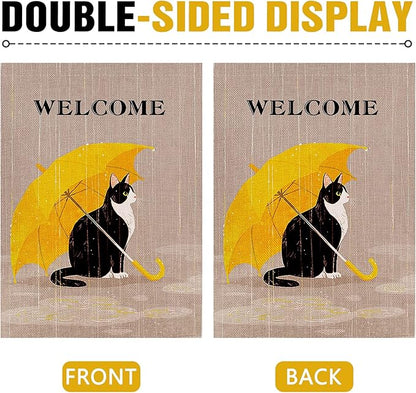 Dyrenson Welcome Spring Summer Tuxedo Cat Decorative Garden Flag, Pet Yellow Umbrella Yard Outside Home Decorations Cat Lover Gifts, Seasonal Burlap Outdoor Small Decor Double Sided 12 x 18
