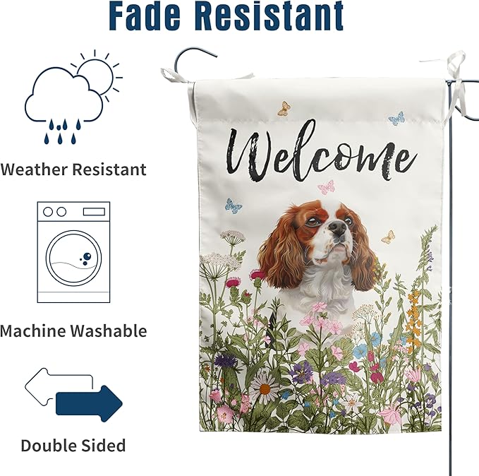 Floral Cavalier King Charles Spaniel Garden Flag Spring Summer House Flags 28 x 40 Double Sided Flower Dog Yard Flags for Outside Large Outdoor Welcome Flags