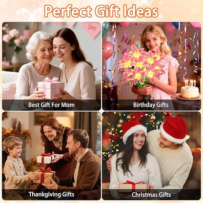 Solar Garden Lights 4 Pack 16 Pink Lily Flowers,Gifts for Mom Woman Birthday Outdoor Solar Flower Lights, Cemetery Flowers for Grave - Decorative Lilies for Yard, Patio, Pathway Decorations