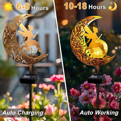 YJFWAL Garden Solar Lights Pathway Stake Lights Moon Fairy Glass Globe with Angel Decor, Christmas Gift for Mom Grandma Friends, Outdoor Decor Light Waterproof for Walkway, Patio, Garden (Warm White)