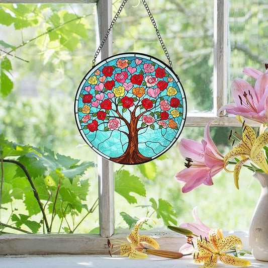 Tree of Life Stained Glass Suncatcher, Pink Love Tree Stained Glass Window Hanging, Valentines Day Window Decorations, Meaningful Gift for Mom, Grandma, Birthday & Mother’s Day, 7.9x7.9in