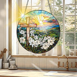 VAIIEYO Cross Sun Catcher Stained Glass Window Hanging Ornament, Handmade Sun Catcher Flower Religion Decoration with Hooks for Window Garden Home, Mother's Day & Birthday Housewarming Gift (7.8 inch)
