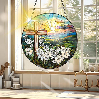 VAIIEYO Cross Sun Catcher Stained Glass Window Hanging Ornament, Handmade Sun Catcher Flower Religion Decoration with Hooks for Window Garden Home, Mother's Day & Birthday Housewarming Gift (7.8 inch)