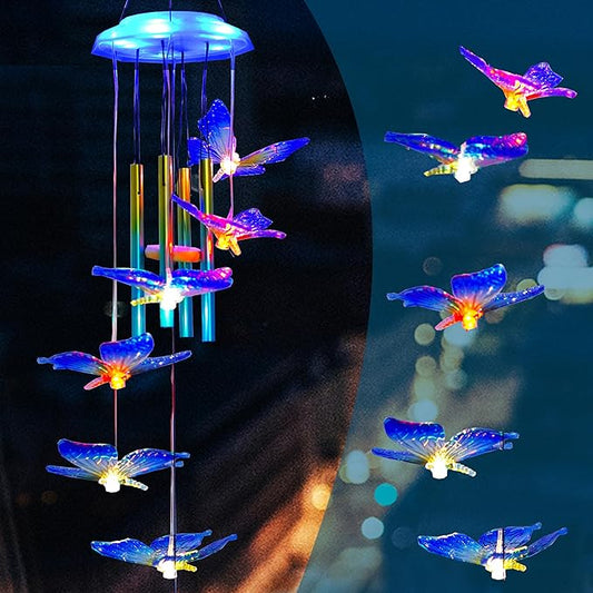 Outdoor Solar Wind Chime Decoration, Mother's Day Birthday Gifts for Grandma, Mom and Family, Outdoor Garden and Courtyard Wind Chime Accessories (Blue Butterfly)