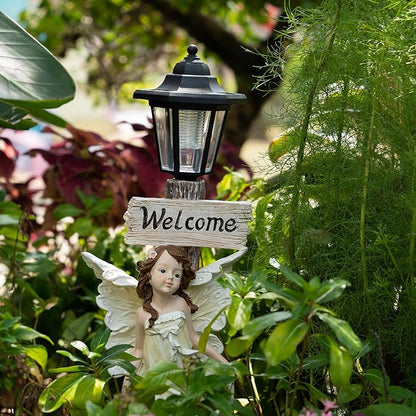 Garden Fairy Solar Light Welcome Sign, 22" in Height, Decorative Outdoor Statue with Auto Light-Up Feature