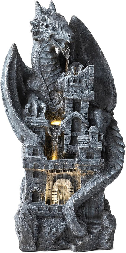 Glitzhome 37" H Mystical Gothic Dragon Perched ATOP The Castle Sculptural, Polyresin Garden Dragon Outoor Statues 4 Tier Waterfalls Floor Fountain with LED Dragon Figurine for Backyard Patio Decor