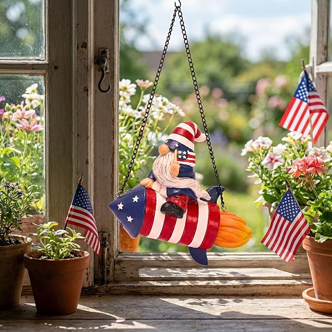 TERESA'S COLLECTIONS 4th of July Gnome Rocket Decorations, Memorial Day Hanging Ornament for Home, USA 250th Anniversary Patriotic Resin Independence Day Gift for Women, Indoor Outdoor Wall Decor 8"