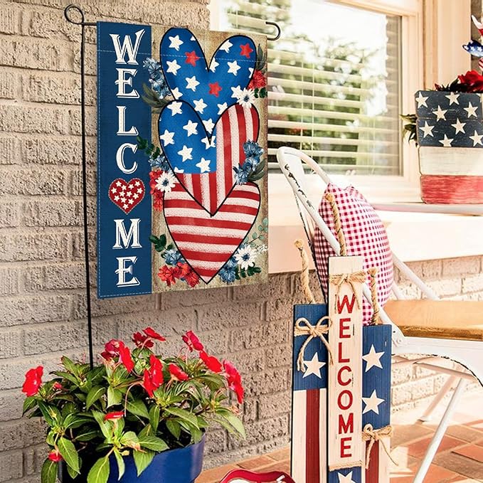 AVOIN colorlife Patriotic 4th of July Welcome Garden Flag 12x18 Inch Double Sided, Memorial Day American Stars and Stripes Love Heart Yard Outdoor Decoration