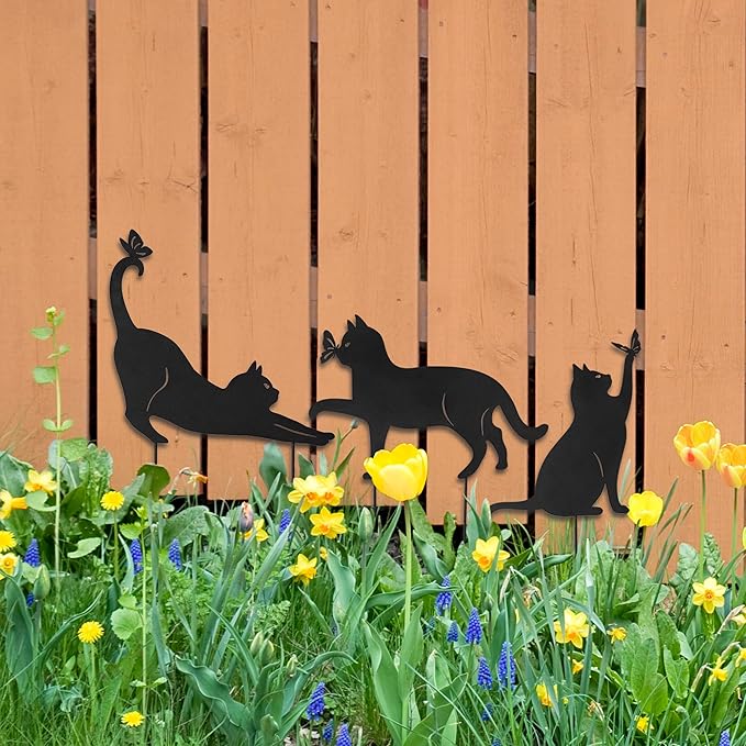 Glitzhome Metal Cat Decorative Garden Stakes, Lifelike Black Silhouette Die-Out Cats Spring Garden Yard Art 2-in-1 Design for Yard Stake or Wall Decor, 3 Packs