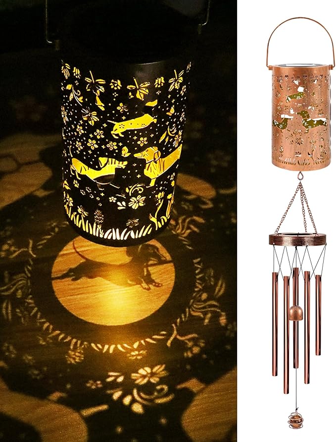Dachshund Gifts for Women - Solar Wind Chimes Outdoor Decor with Larterns Garden Patio Porch Balcony Hanging Decoratoin Christmas New Year Birthday Gift for Mom Grandma Friend Dog Lover