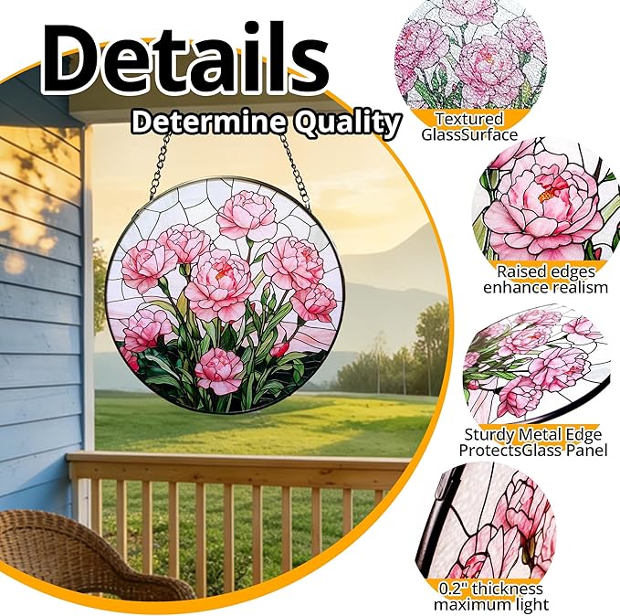 Stained Glass Window Hanging Suncatcher, Handmade 7.8 in Pink Carnation Sun Catcher for Home Garden Decor, Gift for Women Friends Grandma Mom Sister, Mother's Day, Birthday, Anniversary