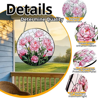 Stained Glass Window Hanging Suncatcher, Handmade 7.8 in Pink Carnation Sun Catcher for Home Garden Decor, Gift for Women Friends Grandma Mom Sister, Mother's Day, Birthday, Anniversary