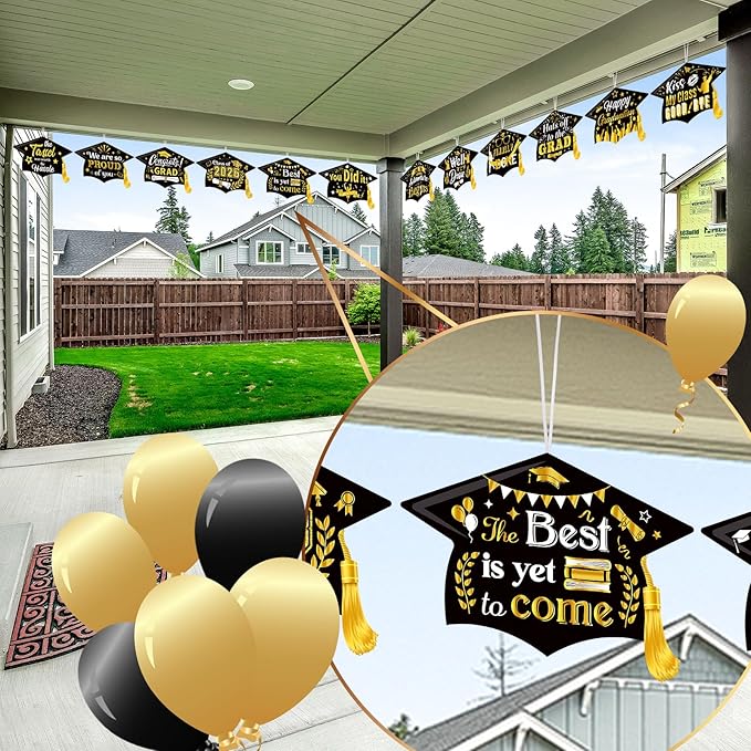 Chunful 12 Pack Graduation Yard Signs Grad Decoration 2026 Happy Graduate Lawn Garden Sign with Stake Congrats Outdoor Plastic Cap Hanging Ornament for Class Pathway Walkway Porch Party(Black)