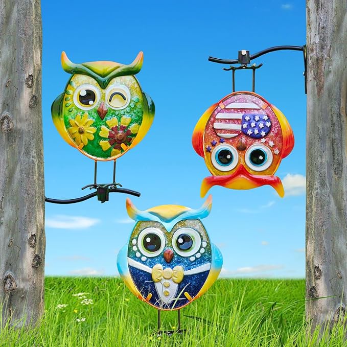 Owl Garden Decor for Outside, 3 Pack Metal & Glass Owl Yard Art, Lawn Ornaments Outdoor Decor for Porch Patio, Housewarming Birthday Gifts for Grandma Mom Women