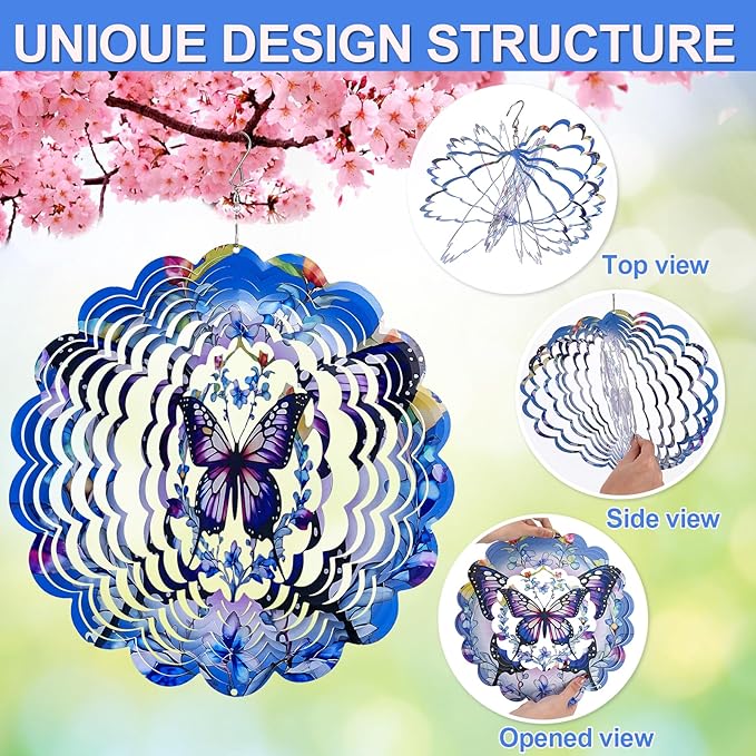 Wind Spinners Outdoor Butterfly，3D Wind Spinner Birthday Gifts for Women Mom Wife Grandma,12 inch Hanging Wind Sculptures Wind Spinner for Yard and Garden