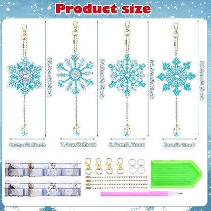 4 Pcs 5D 9.7x3 inch Christmas Diamond Painting Kits DIY Point Drill Diamond Painting Wind Crystal Wind Chimes Double Snowflake Ornaments with Crystal Pendant for Home Garden Hanging Decor(Blue, White)