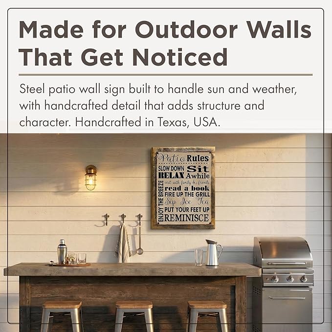 Homebody Accents Patio Rules Sign - Rustic Steel Porch Wall Decor, Outdoor Sign for Back Patio, Deck and Screened Porch, Positive Thinking Home Gift, Made in USA - 13"x17" Framed