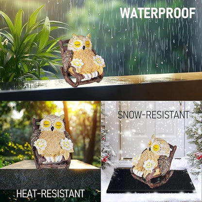 LIULO TOOL Light Up Owl on Chair Garden Sculpture, LED Solar Powered Owl Lying on The Chair, Cute Figurine Crafted Statue for Home Fireplace Outdoor Centerpiece Collection Decoration, 3x3x4 in