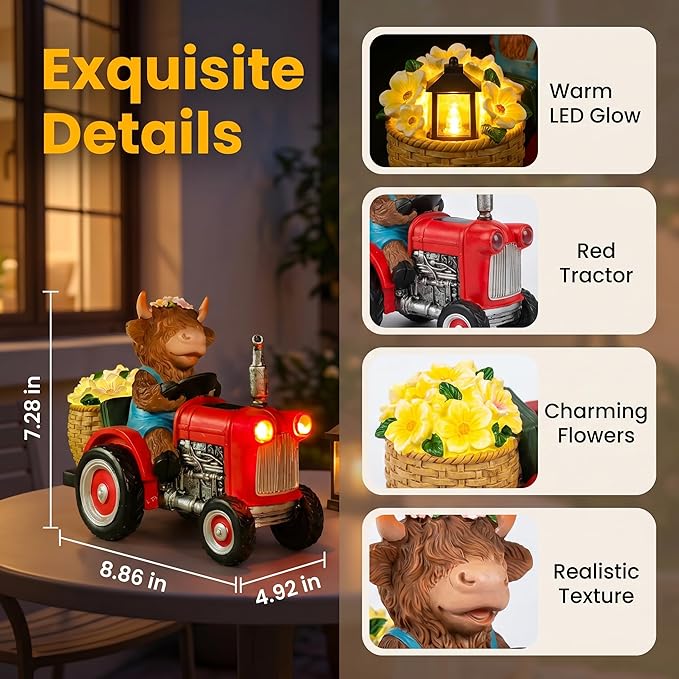 Highland Cow Garden Statue with Solar Light, Farm Animal Decor for Garden, Patio or Lawn, Tractor Riding Outdoor Ornament with Purple Flowers