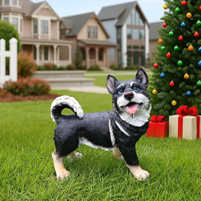 Black Husky Path Companion with Solar Lantern and Double-Sided Sign, Standing Husky Statue for Terrace, Walkway, Patio & Porch