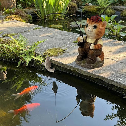 GARDEN WHISPER Cat Statue Outdoor Koi Pond Garden Decoration, Cat Decor for Yard 7.1'' Fishing Tabby Statue Outdoor Garden Decor, Fishing Guy for Waterfalls or Koi Pond Additioanl, Gifts for Mom