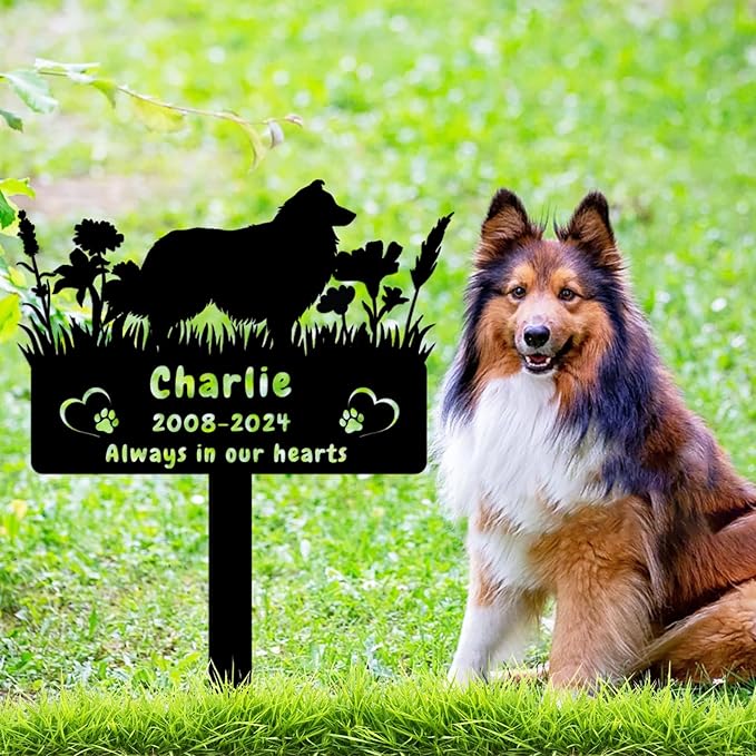 Custom Shetland Sheepdog Dog Memorial Grave Marker,Personalized Pet Dog Memorial Garden Stake,Flora Dog Memorial Plaque Burial Stake Engraved Sign,Dog Sympathy Grave Stake,Dog Statue Headstone