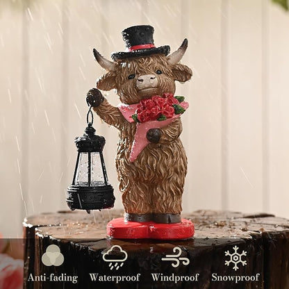 TERESA'S COLLECTIONS 8" Charming Highland Cow Garden Statue with Solar Lantern, Valentine's Day Resin Figurine Holding Roses and Wearing Top Hat, Weatherproof Outdoor Decor, Gifts for Cows Lover