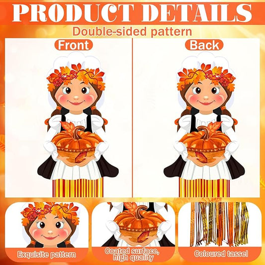 DoubleFill 8 Pcs Thanksgiving Pilgrim Outdoor Hanging Decorations with Tassels Fall Autumn Pilgrim Harvest Yard Signs for Farmhouse Festival 3.3 ft Home Lawn Yard Party Supplies Garden Decor