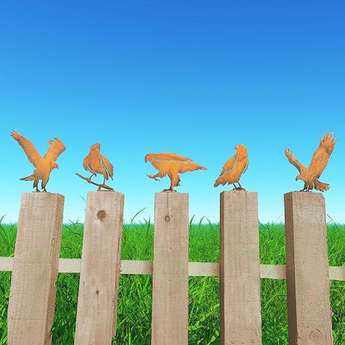 Rusty Birds Decoration (5-Piece Set) – Rusty Birds Fence Decorations Outdoor, Metal Eagle Garden Decor for Patio, Rustic Retro Style, Unique Outdoor Bird Decor,Premium Garden Decor Gifts