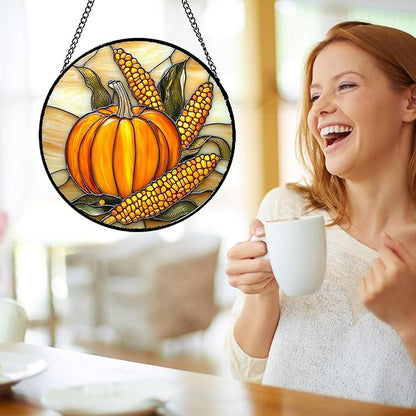 DASTOLL Stained Glass Window Hanging Autumn Harvest Pumpkin Corn 6.3" - Suncatcher Door Garden Kitchen Sunroom Sun Catcher Fall Home Decor Birthday for Mom Grandma Men Woman
